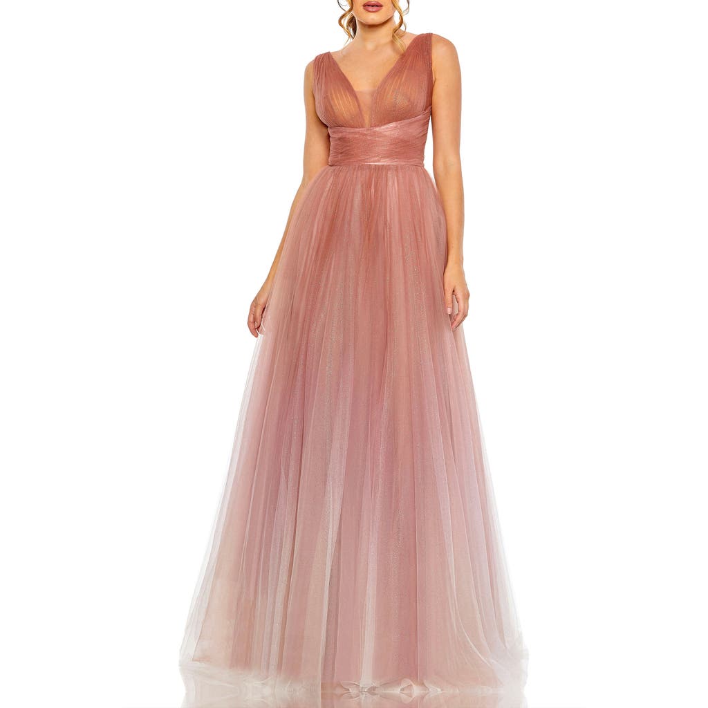 Mac Duggal Sleeveless V Neck Glitter Ombre Gown In Vintage Rose