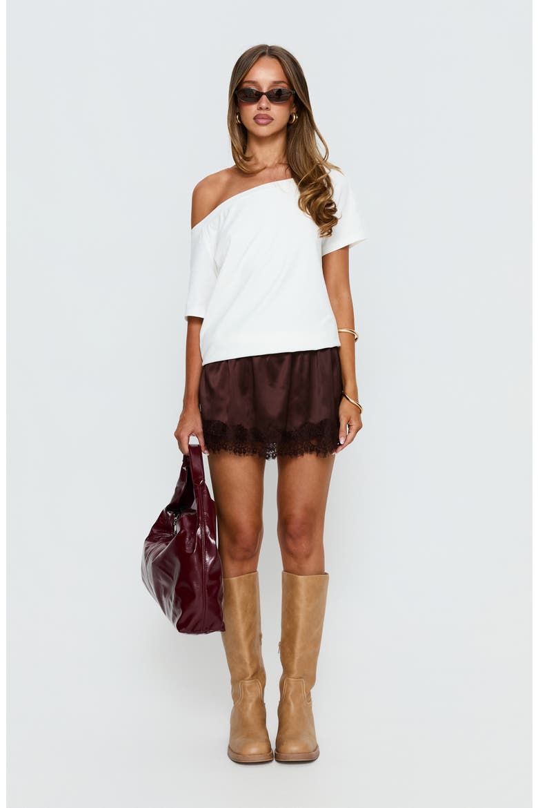 Orlynn Satin Lace Trimmed Shorts, Alternate, color, BROWN