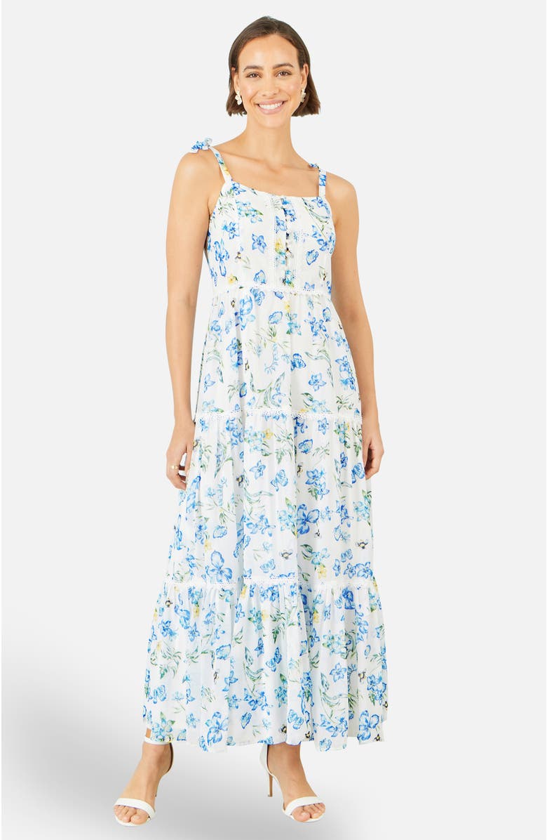 Yumi Butterfly Print Lace Trim Maxi Dress, Main, color, White