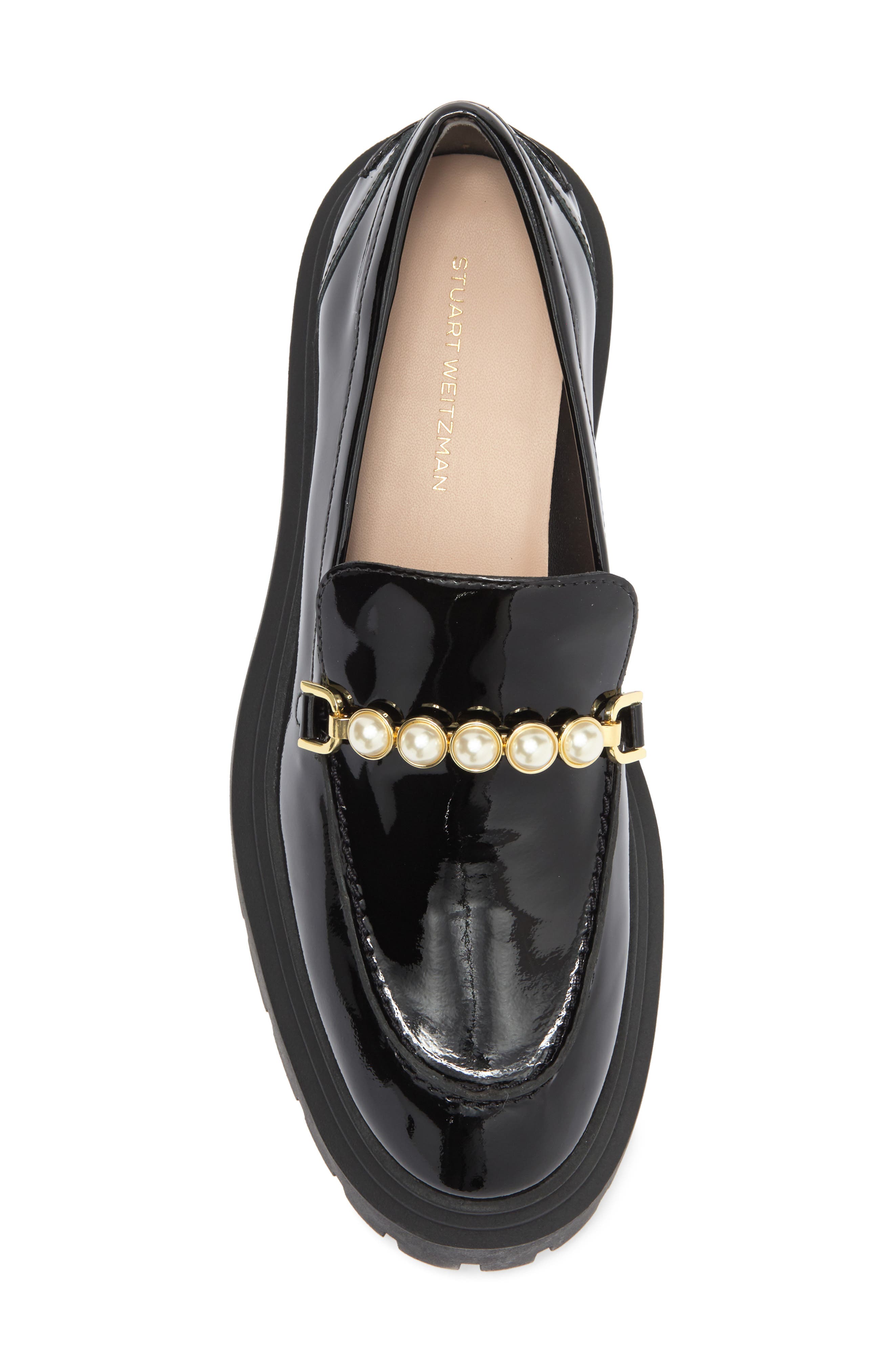 Stuart Weitzman Perla Imitation Pearl Lug Sole Loafer, Alternate, color, Black