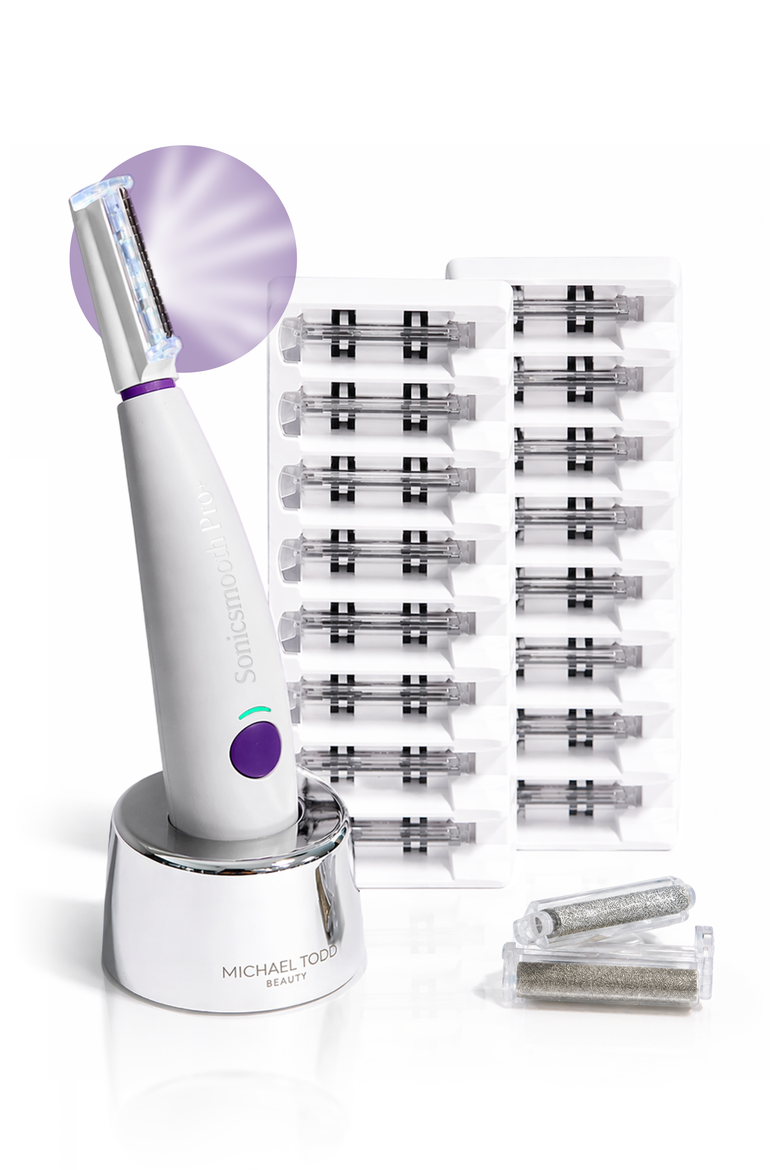 Sonicsmooth Pro+ 2 in 1 Facial Exfoliation & Peach Fuzz Hair Removal System, Main, color, White