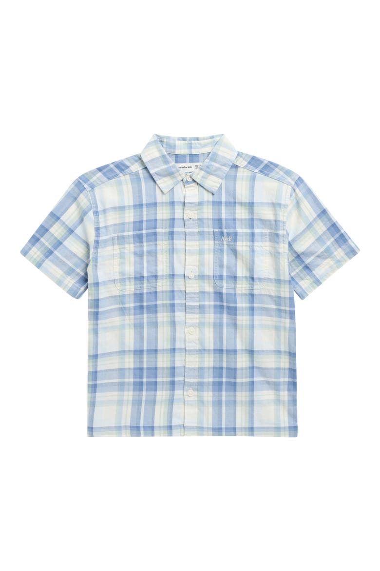 Kids' Boxy Fit Plaid Short Sleeve Cotton Button-Up Shirt, Main, color, JET STREAM