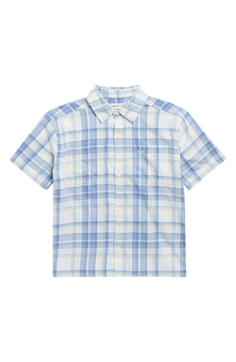 abercrombie kids Kids' Boxy Fit Plaid Short Sleeve Cotton Button-Up Shirt, Main, color, Jet Stream