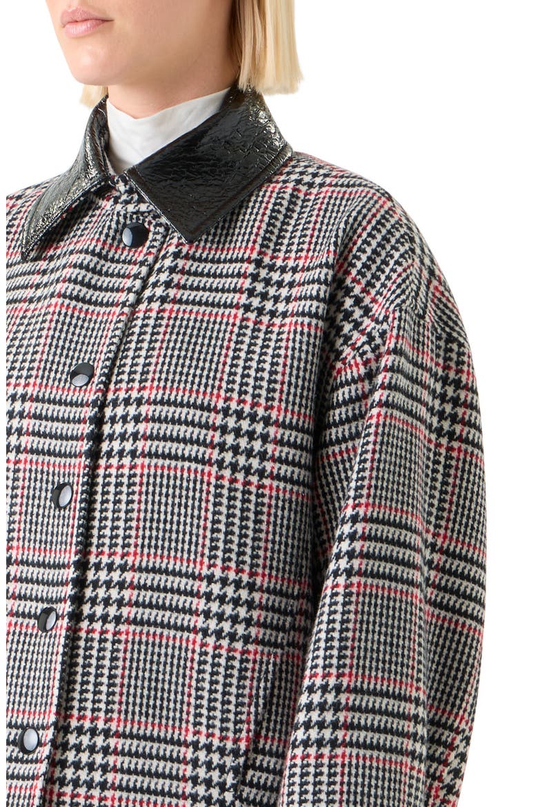 Glen Plaid Wool Jacket with Faux Leather Collar, Alternate, color, BLACK-CREAM-VERMILLION