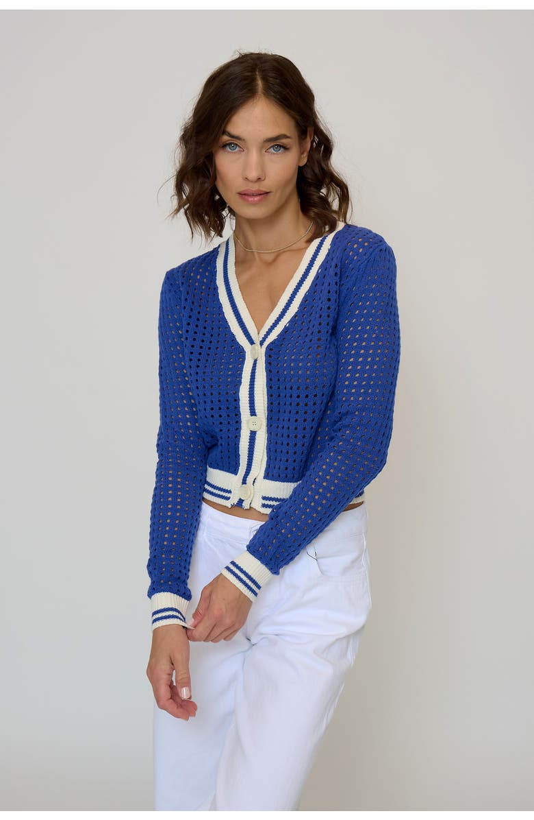 Central Park West Junie Varsity Mesh Stitch Cardigan, Main, color, Cobalt