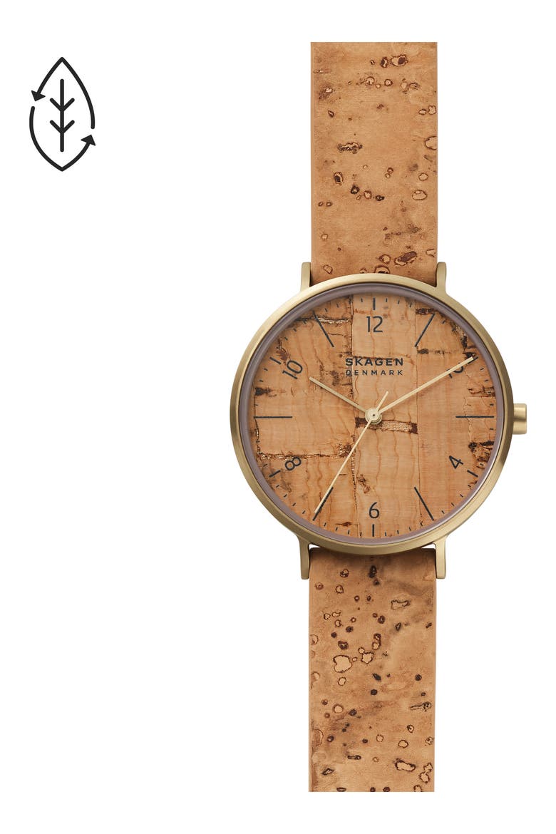 Aaren Naturals Cork Leather Alternative Strap Watch, 36mm, Alternate, color, BEIGE
