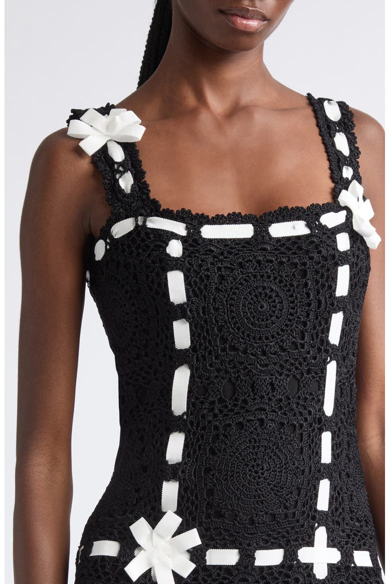 Ribbon Detail Crochet Midi Dress, Alternate, color, BLACK