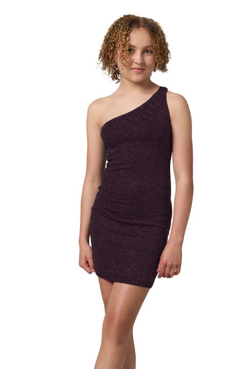 One Shoulder Mini Glitter Dress (Big Kid)