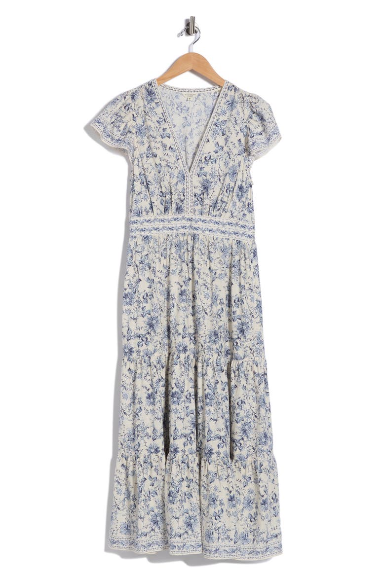 Flutter Sleeve Maxi Dress, Alternate, color, CREAM/ BLUE TOILE MYSTIQUE