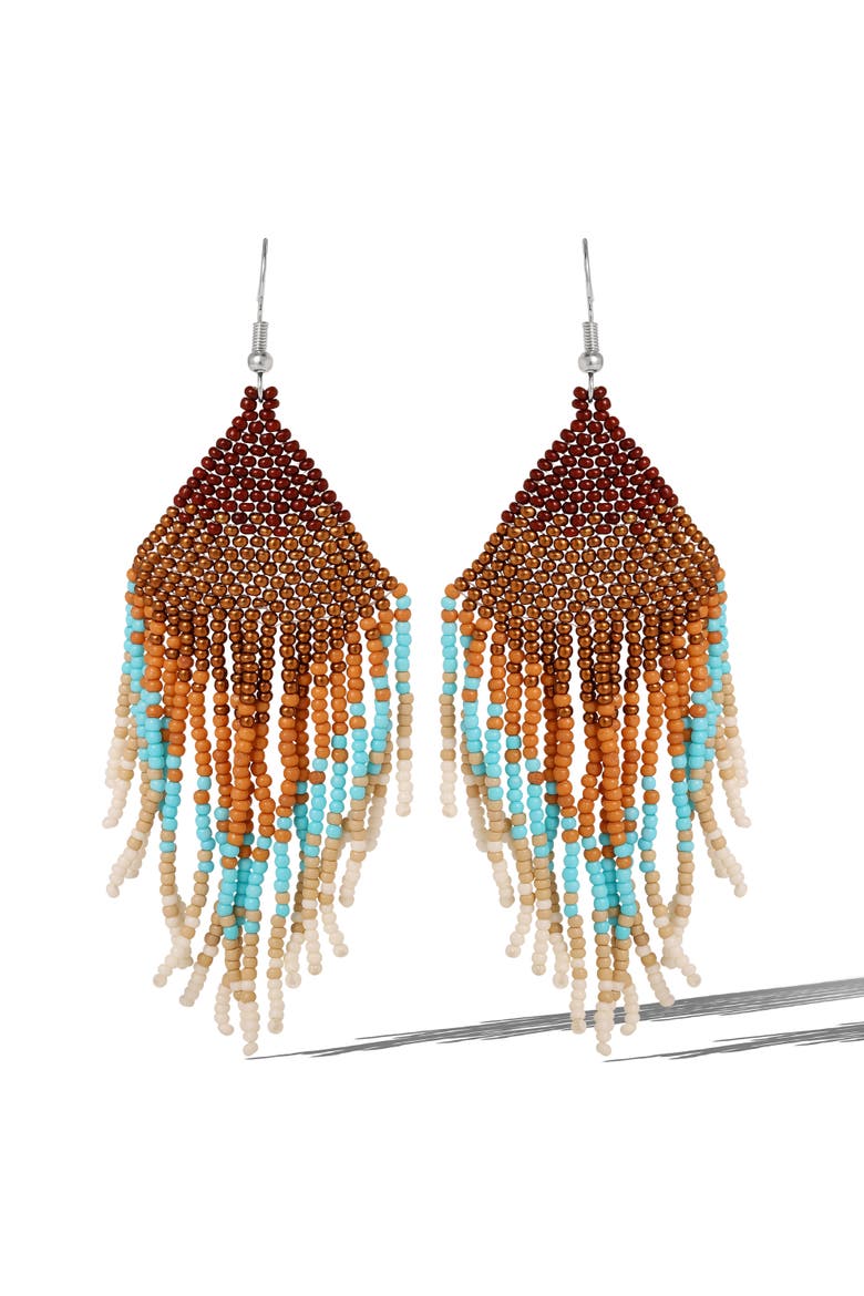 Beaded Fringe Earrings in Turquoise and Brown Ombre, Main, color, Turquoise/Brown