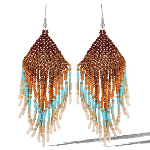 Beaded Fringe Earrings in Turquoise and Brown Ombre