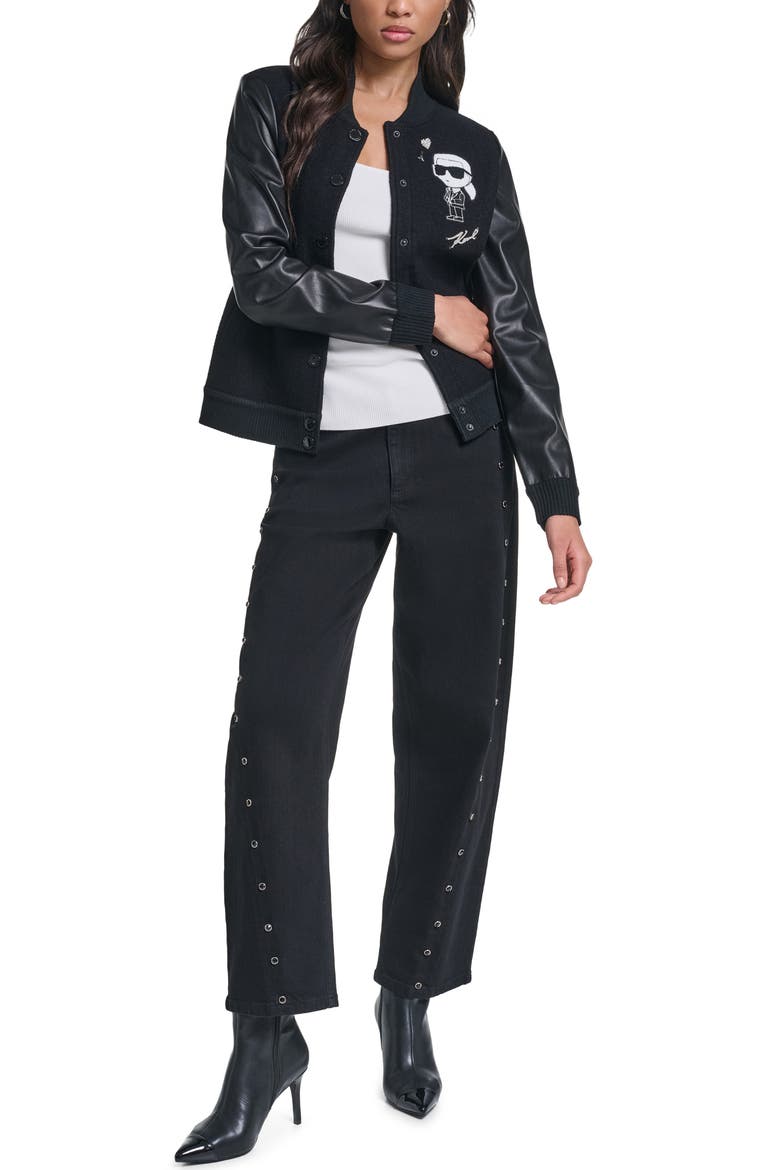 Karl Wool Blend Varsity Jacket with Faux Leather Sleeves, Alternate, color, BLACK