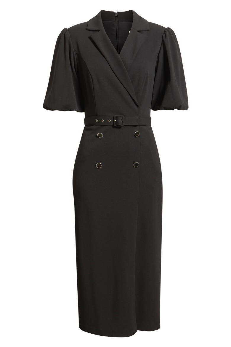 Belted Puff Sleeve Midi Dress, Alternate, color, BLACK