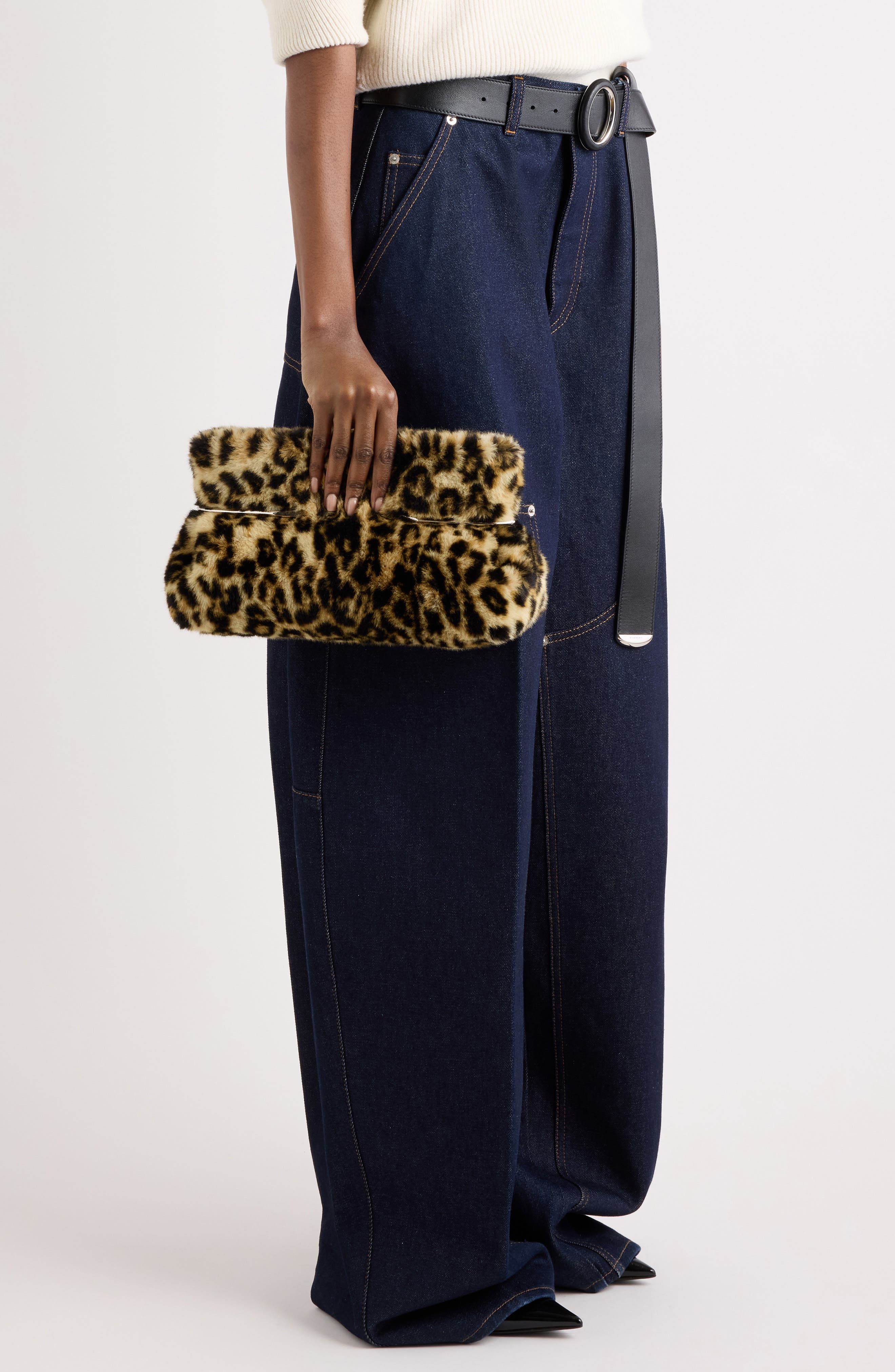 Pinch Leopard Print Leather Clutch, Alternate, color, BLACK/BEIGE