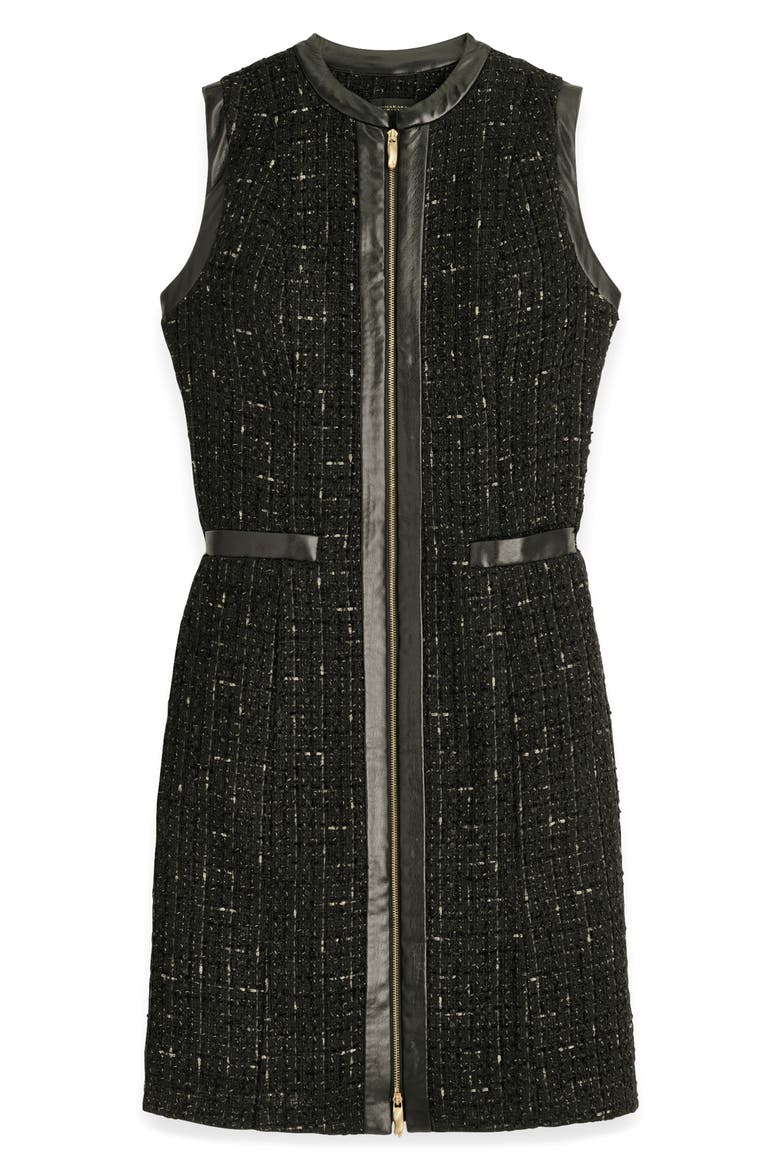 Sleeveless Faux Leather Trim Tweed Dress, Alternate, color, BLACK