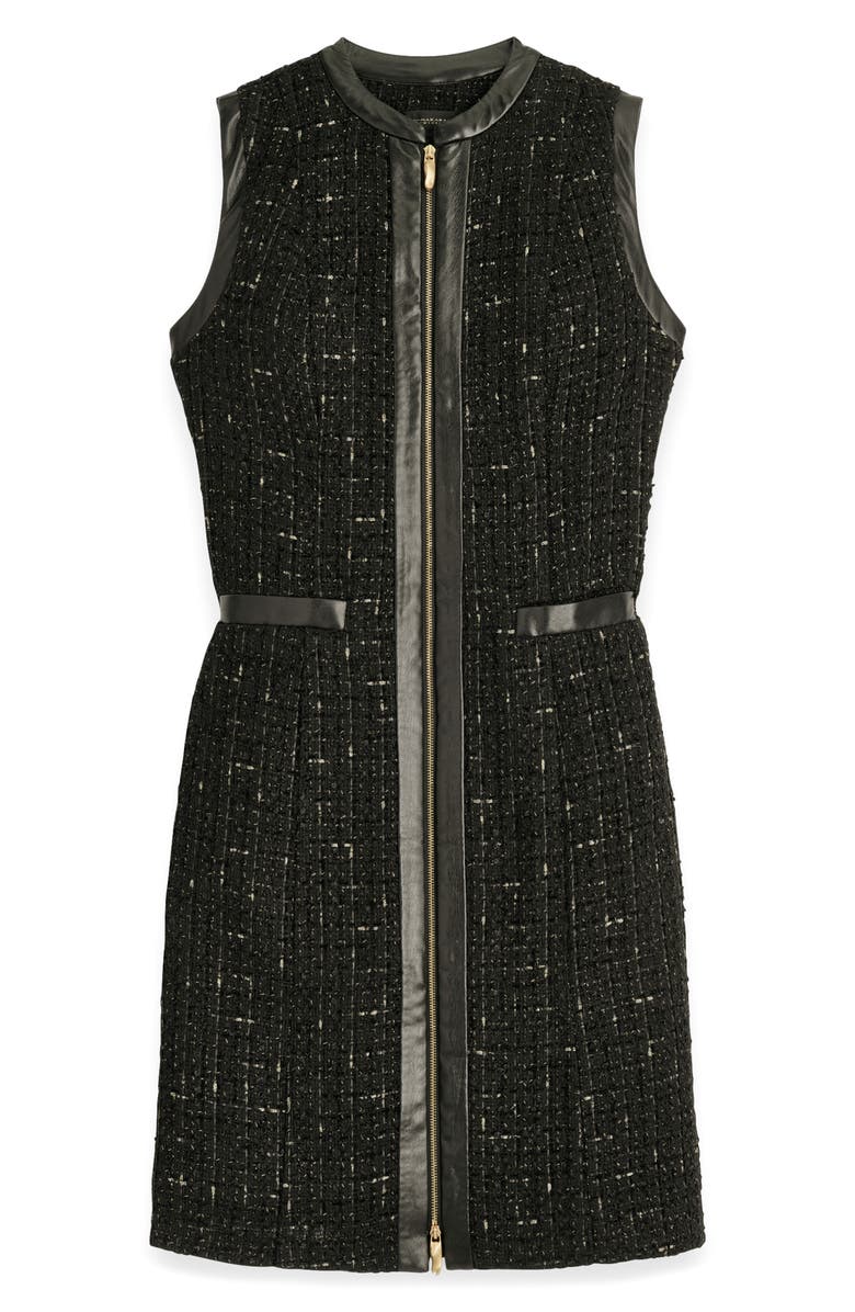 Donna Karan New York Sleeveless Faux Leather Trim Tweed Dress, Alternate, color, Black