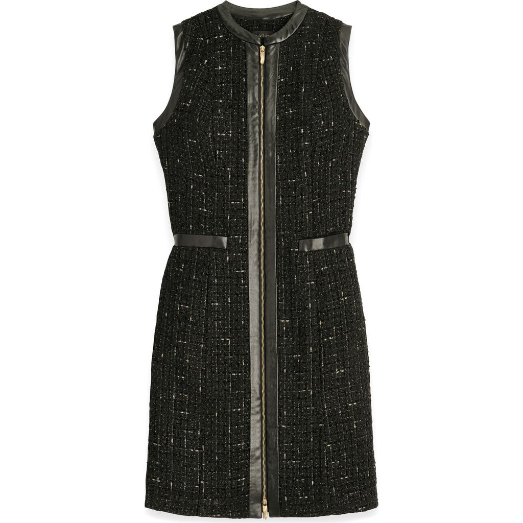 Donna Karan New York Sleeveless Faux Leather Trim Tweed Dress In Black