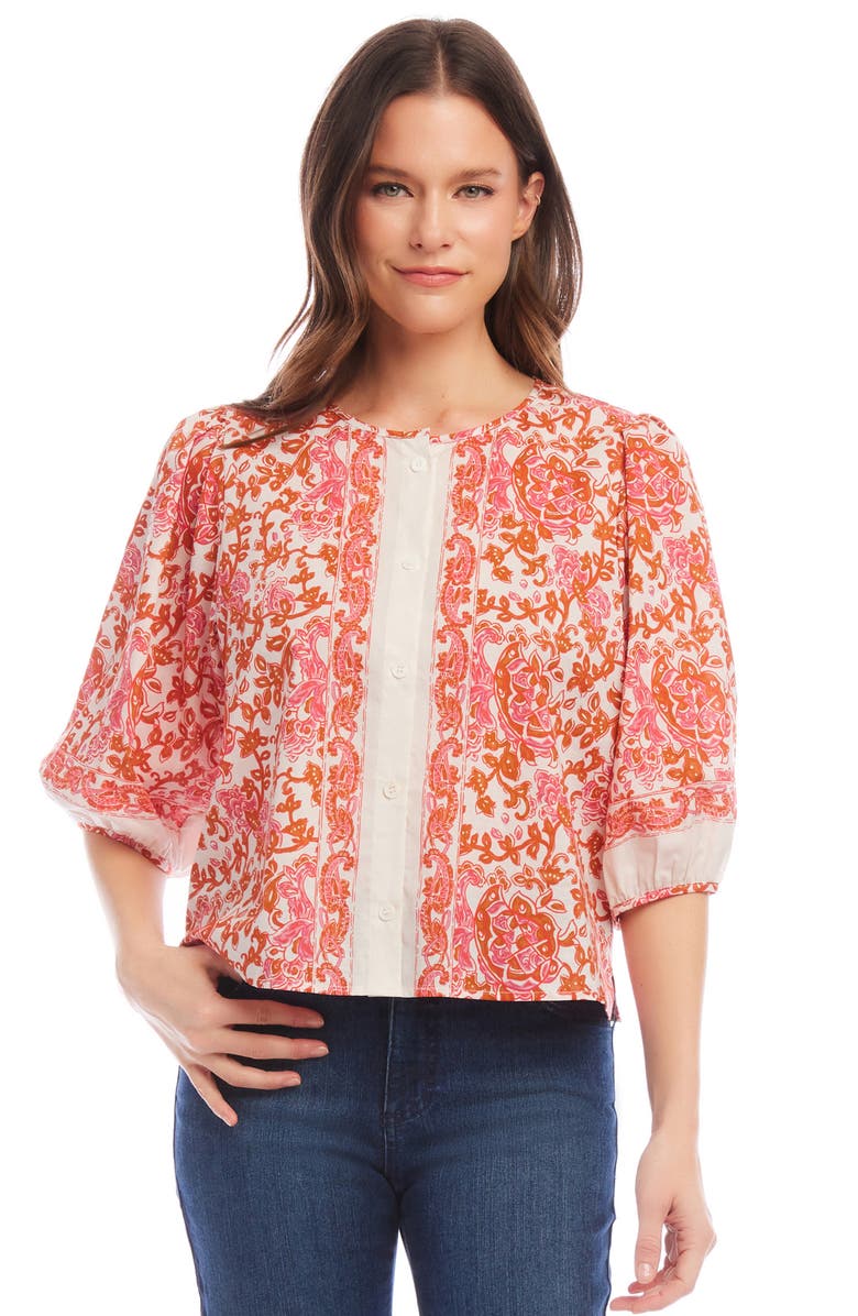 Karen Kane Florentine Print Puff Sleeve Cotton Button-Up Shirt, Alternate, color, 