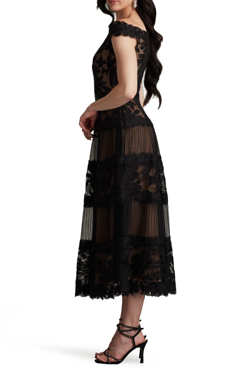 Tadashi Shoji Embroidered Off the Shoulder Midi Dress, Alternate, color, Black/Nude