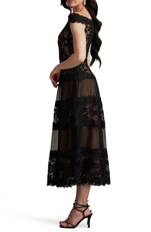 Tadashi Shoji Geometric Floral Embroidered Tulle A-line Dress In Black/nude