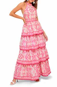 FLYING TOMATO Ikat Tiered Halter Maxi Dress