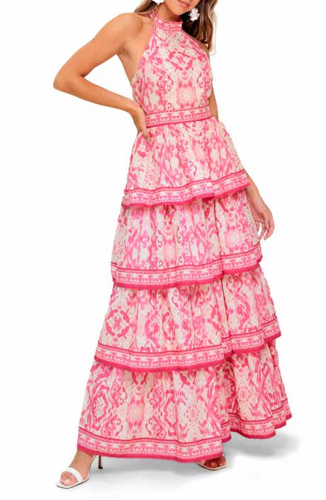 FLYING TOMATO Ikat Tiered Halter Maxi Dress