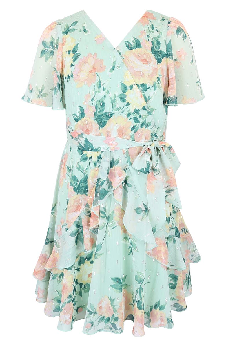 Zunie Kids' Metallic Clip Dot Chiffon Faux Wrap Party Dress, Main, color, Sage/ Multi