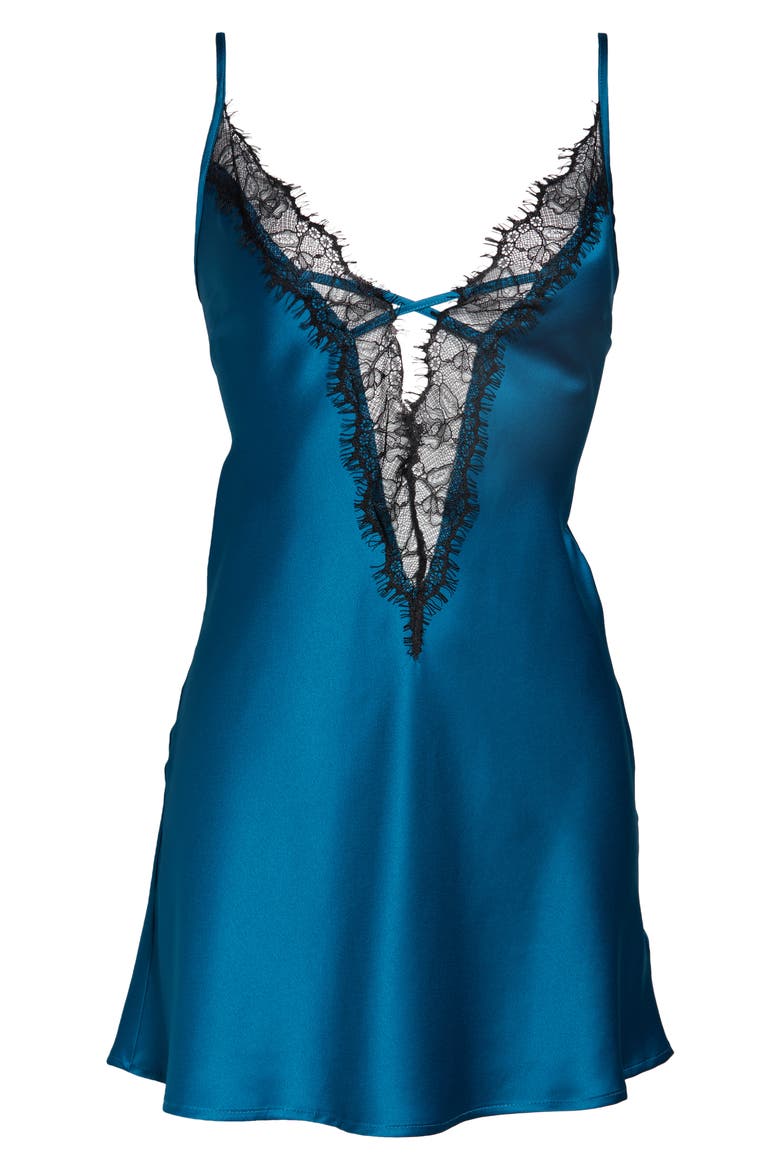 Cherryann Lace Trim Satin Chemise, Alternate, color, TEAL