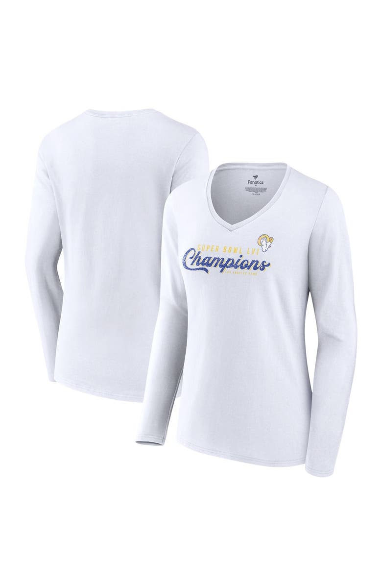 FANATICS Women's Fanatics Branded White Los Angeles Rams Super Bowl LVI Champions Long Sleeve V-Neck T-Shirt, Main, color, White