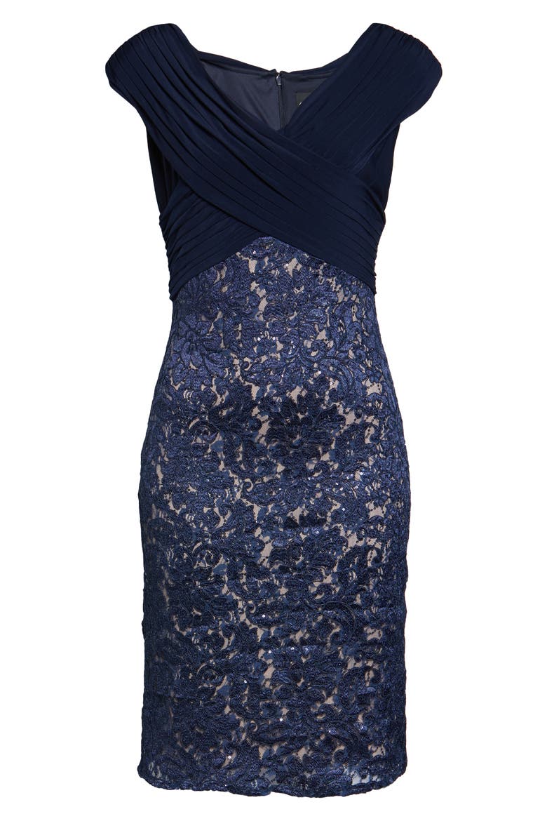 Pleat & Sequin Lace Cocktail Dress, Alternate, color, NAVY/ NUDE