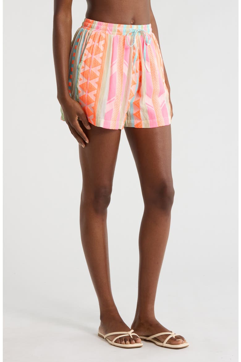 Cotton Blend Cover-Up Drawstring Shorts, Alternate, color, NEON AZTEC