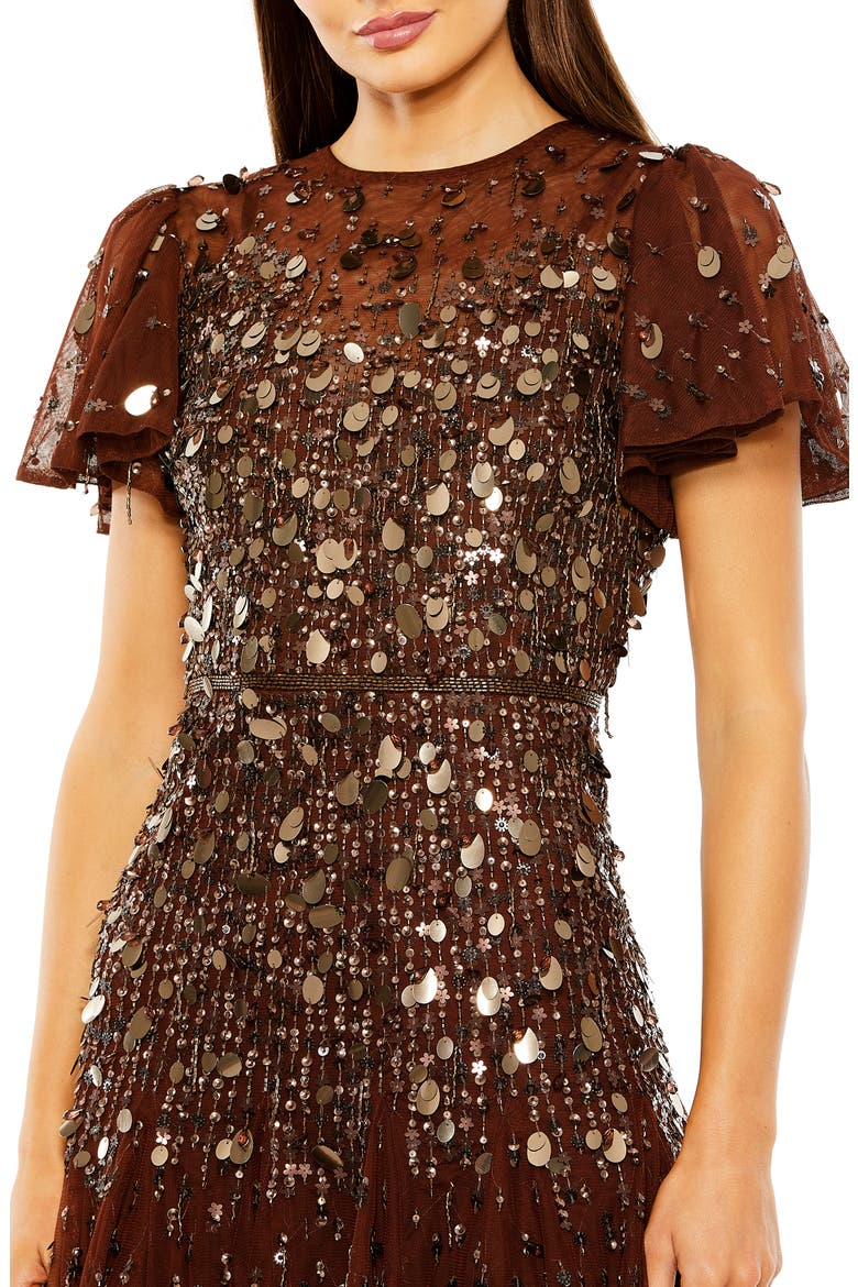 Flutter Sleeve Sheer Top Beaded Dress, Alternate, color, ESPRESSO