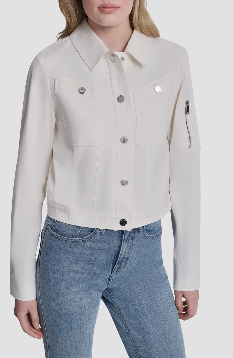 DKNY Twill Trucker Jacket, Main, color, Ivory