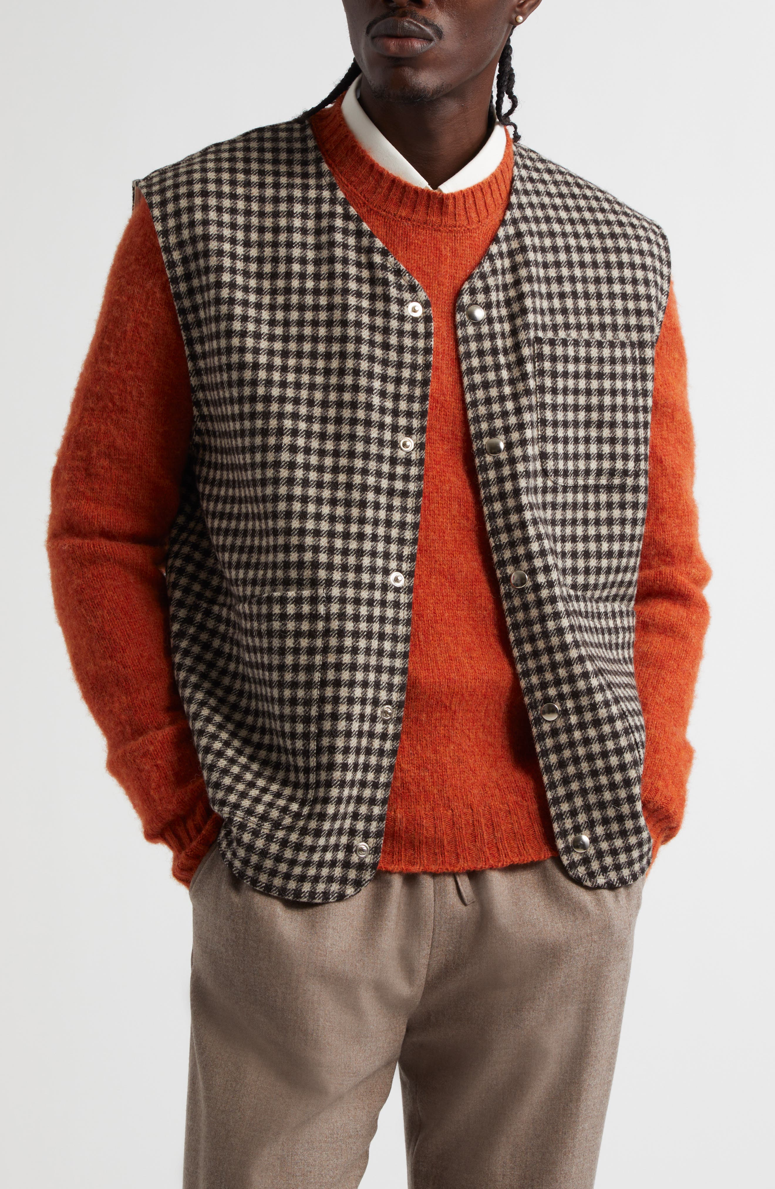De Bonne Facture Wool Checkered Cardigan Overshirt in navy, copper, and beige checked wool
