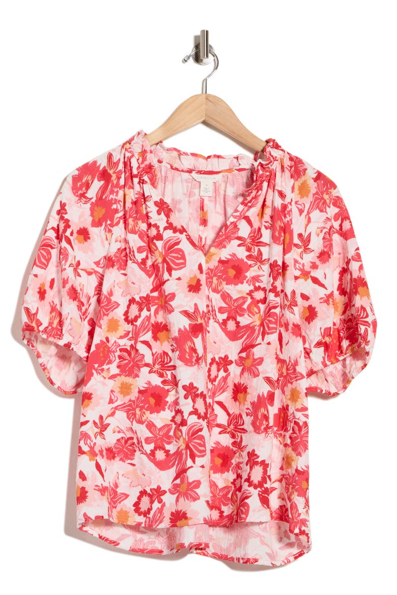 Split Neck Short Sleeve Cotton Gauze Top, Alternate, color, RED/ IVORY PALM FLORAL
