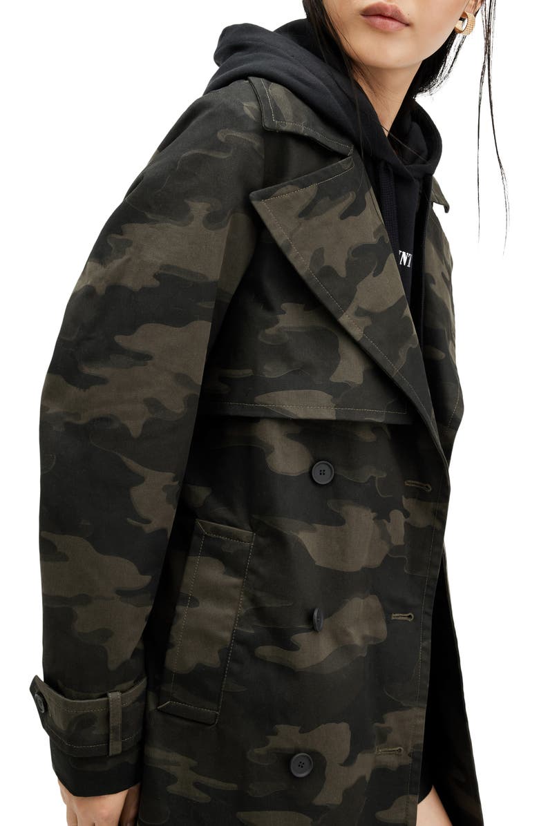 AllSaints Mixie Tie Waist Double Breasted Camo Trench Coat, Alternate, color,