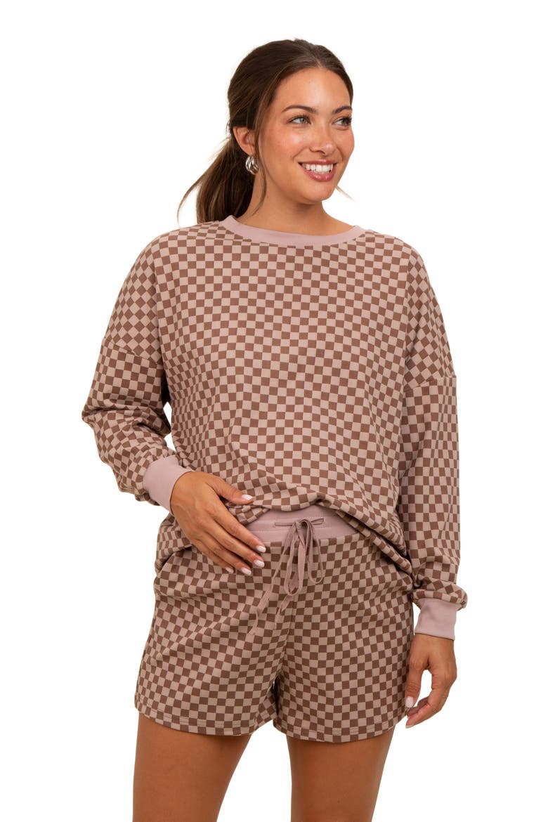 Checkered Plaid Pullover Shorts Set, Main, color, Mocha