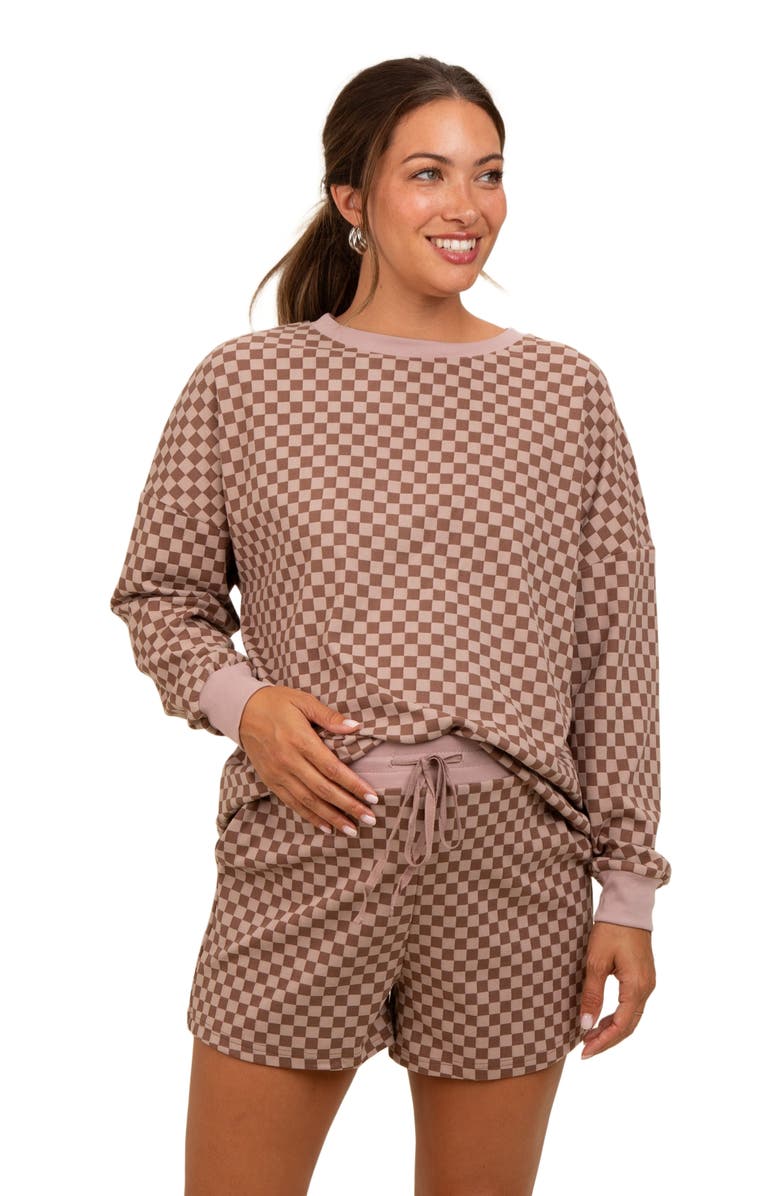 PinkBlush Checkered Plaid Pullover Shorts Set, Main, color, Mocha