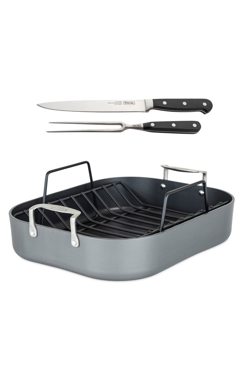 Hard Anodized Nonstick Roasting Pan with Carving Set, Main, color, DARK GREY