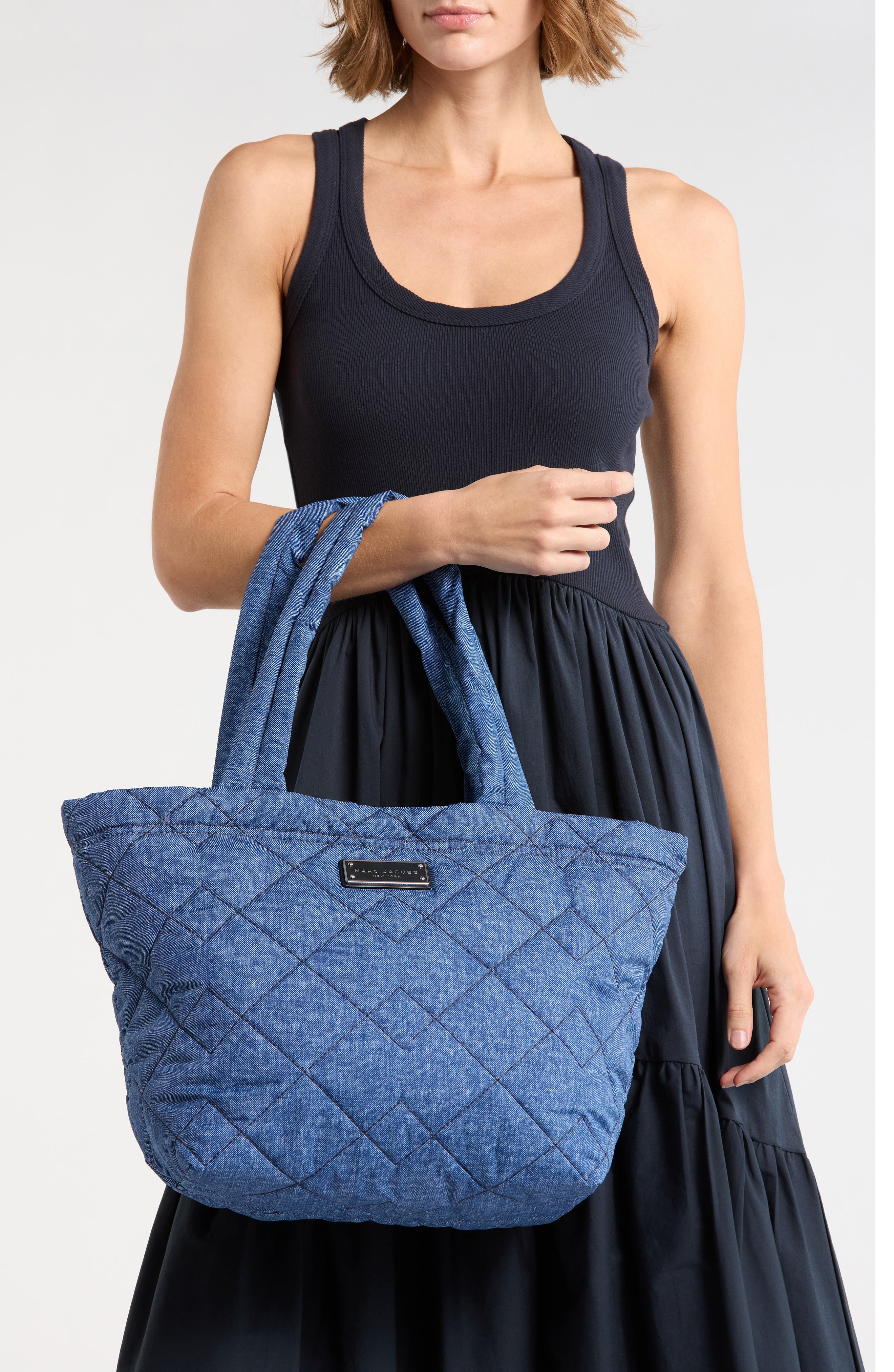 Marc Jacobs Medium Quilted Denim Effect Nylon Tote, Alternate, color, Denim Blue