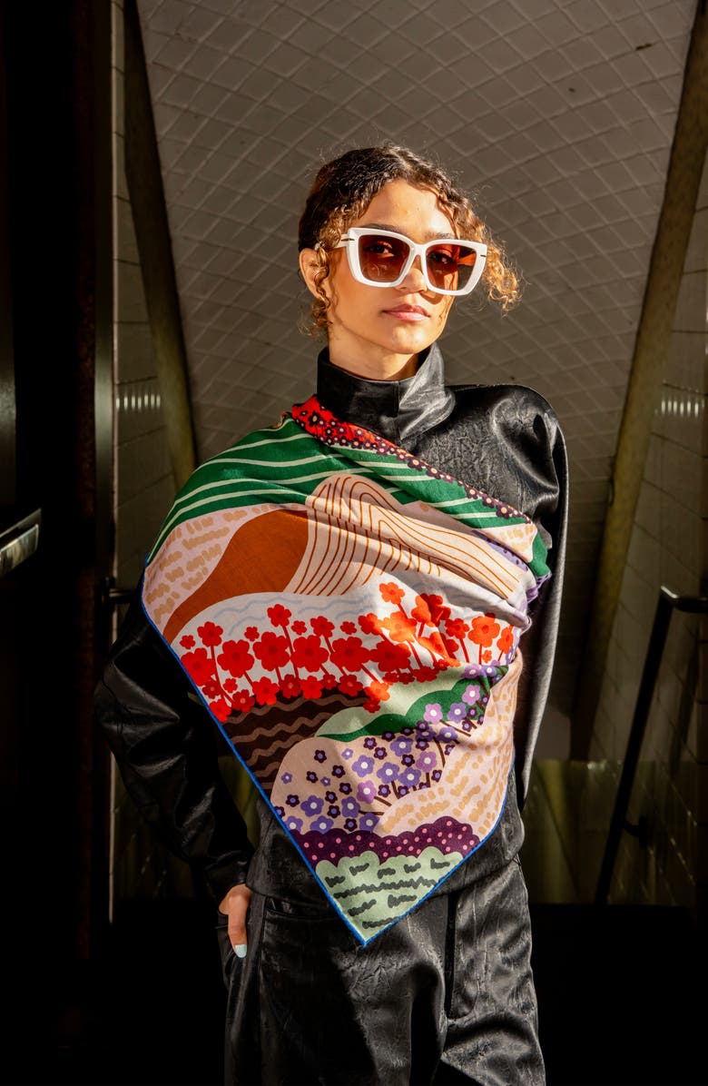 Jessie Zhao New York Double Sided Wool Silk Scarf Of Floral Mountain, Alternate, color, Blue