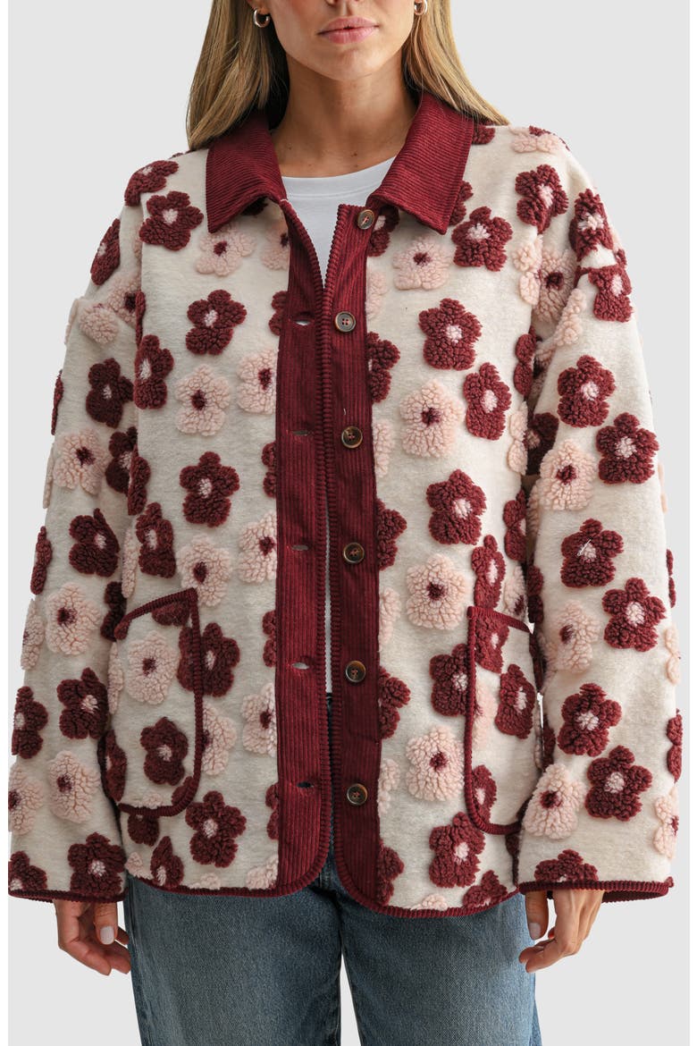 Floral High Pile Fleece Jacket, Alternate, color, CREAM BURGUNDY
