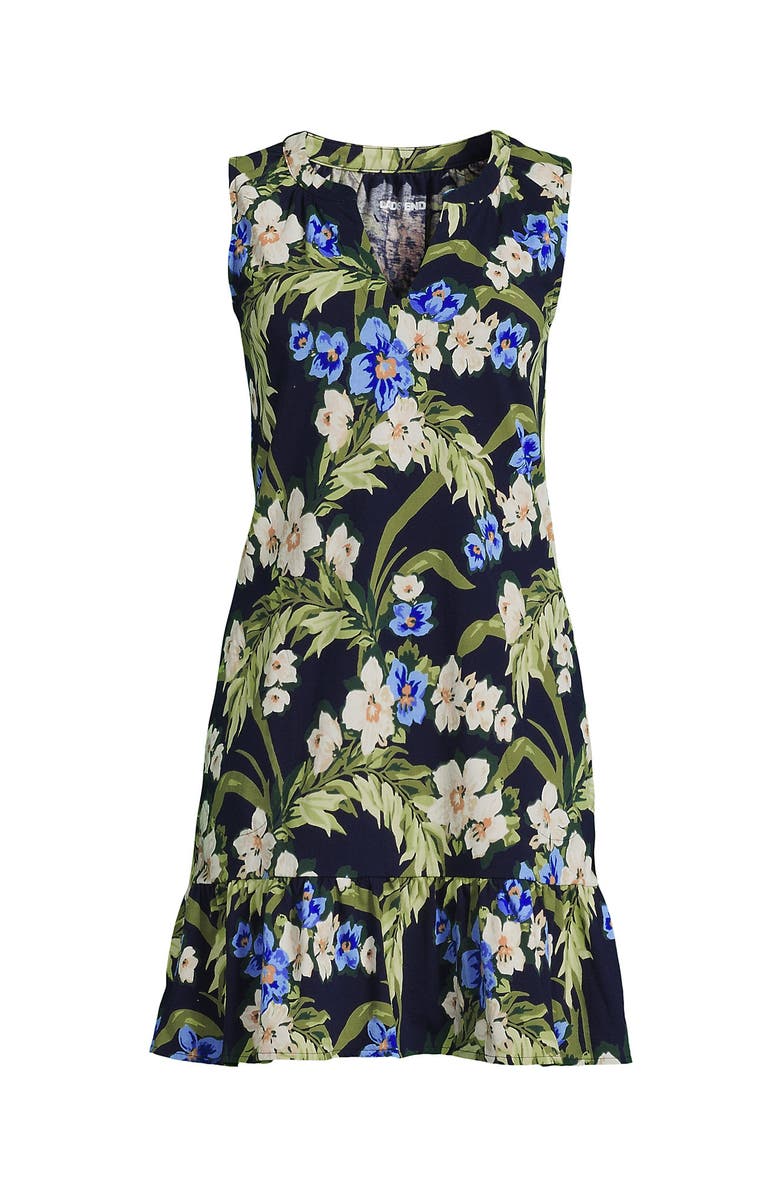 Lands' End Sleeveless Cotton Jersey Notch Neck Flounce Dress, Alternate, color, Deep Sea/Blue Floral Tropic