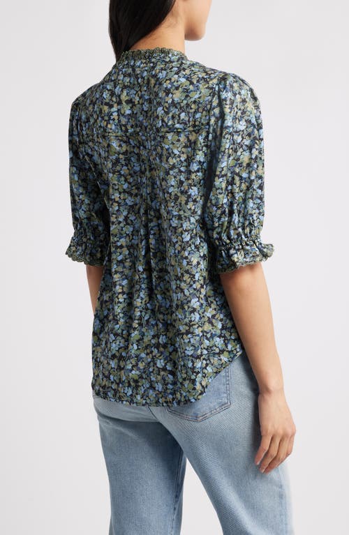 Wit & Wisdom Print Ruffle Eyelet Shirt In Black/deep Seagrass Multi