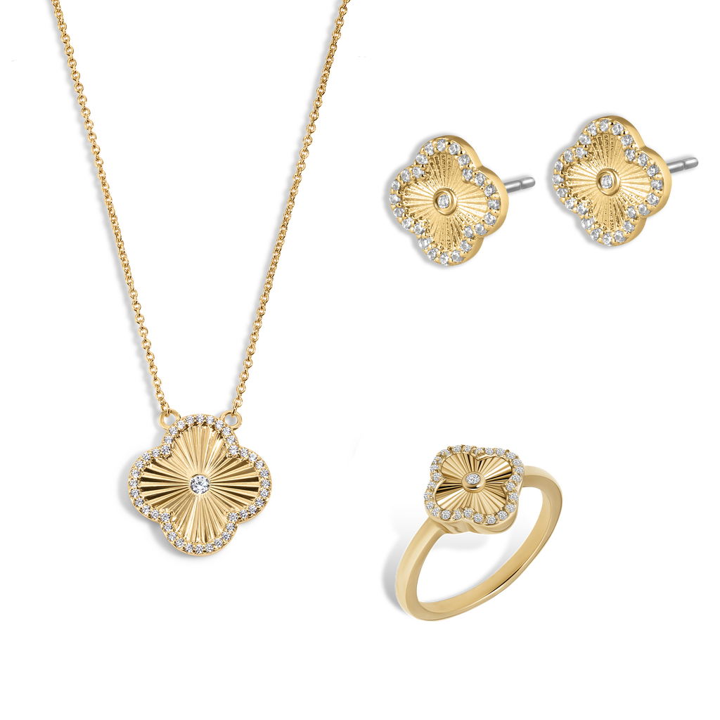 Electric Picks Icon Clover Necklace, Studs And Ring In Gold