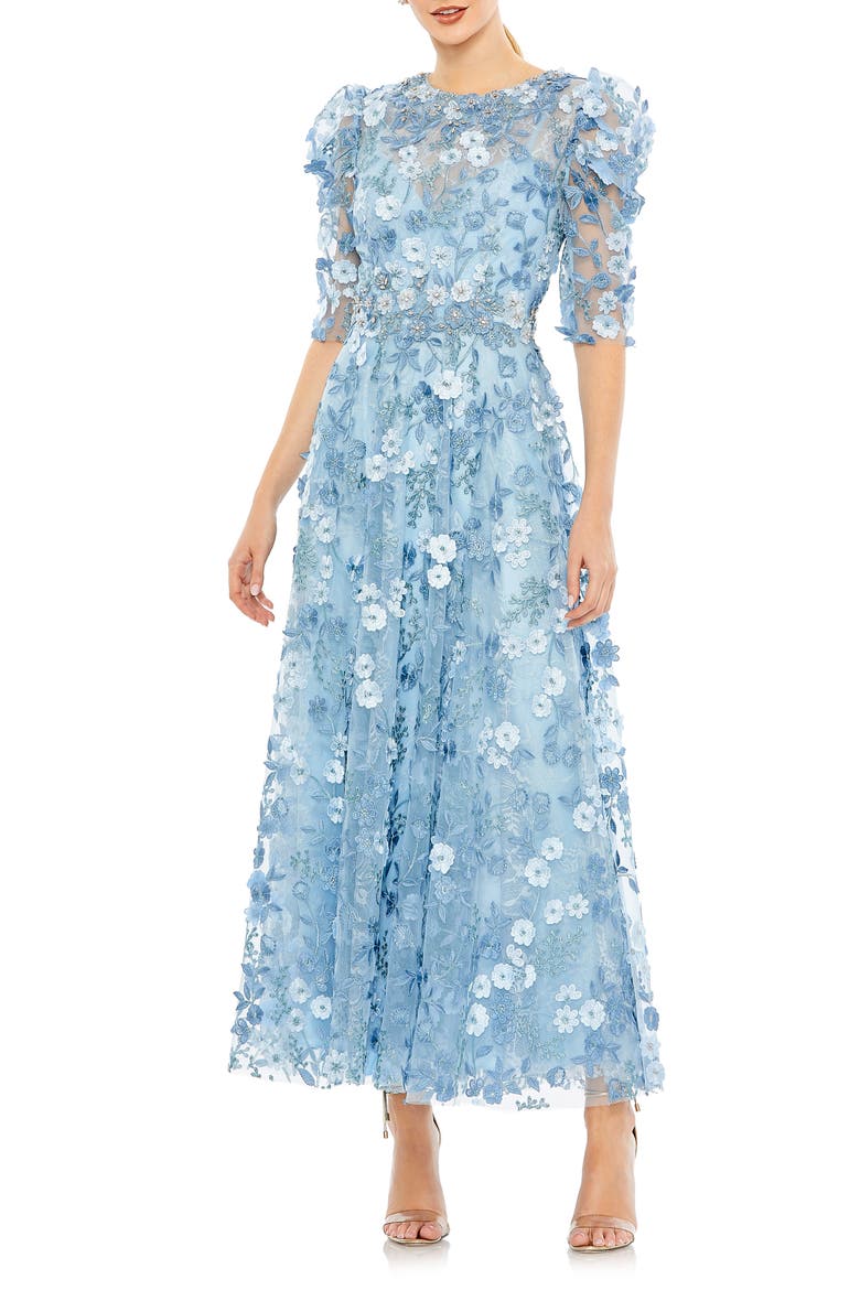 Applique High Neck Puff Sleeve A Line Dress, Main, color, FRENCH BLUE
