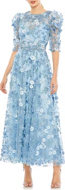 Mac Duggal Applique High Neck Puff Sleeve A Line Dress