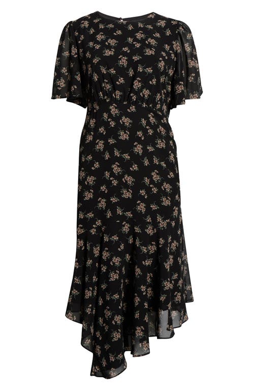 SUGARLIPS Kim Balboa Floral Asymmetric Hem Dress in Black-Multi 