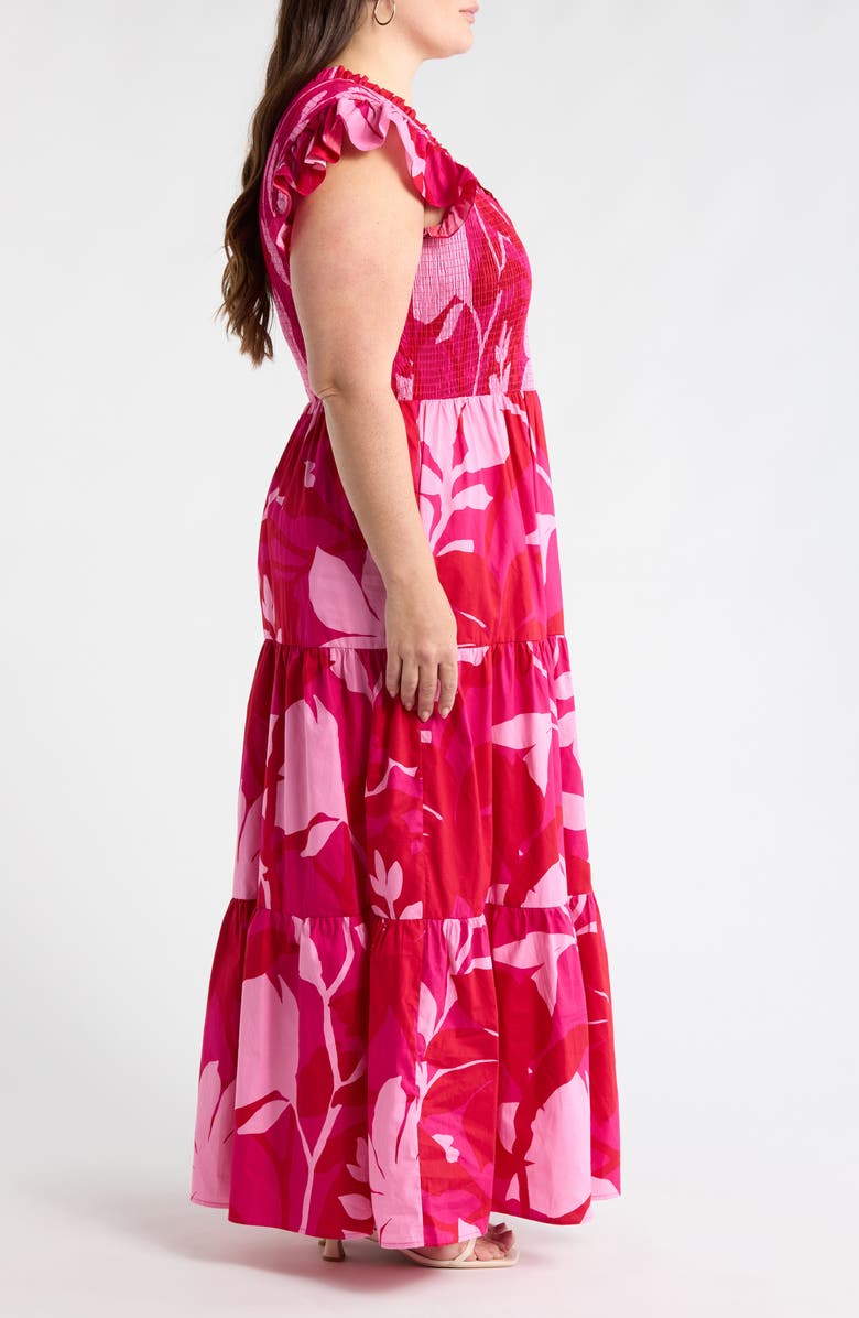 SUGARLIPS Mila Floral Sunfire Smocked Cotton Tiered Maxi Dress, Alternate, color, Magenta-Cherry