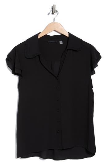 T Tahari Tiered Flutter Sleeve Button-up Shirt In Black